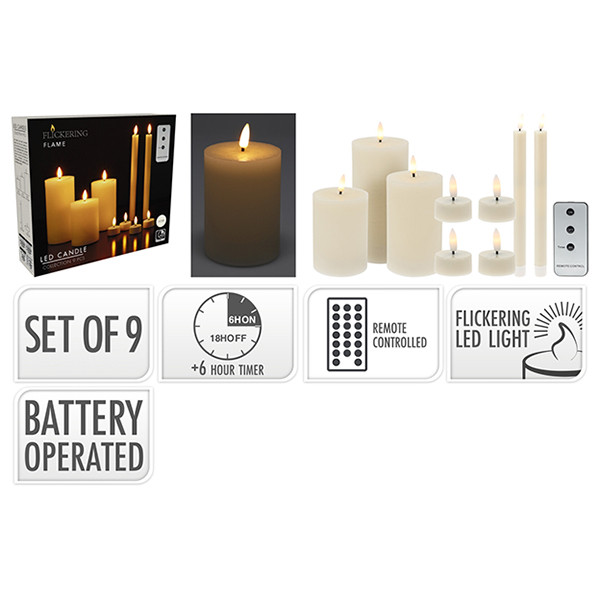 9-delige LED kaarsen set | 4 waxinelichtjes, 3 stompkaarsen en 2 dinerkaarsen | Ivoor LKO00915 - 2