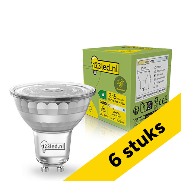 Aanbieding: 6x 123led GU10 LED spot | Ultra Efficient | Helder | 3000K | 1.3W (35W) LDR02383 - 1