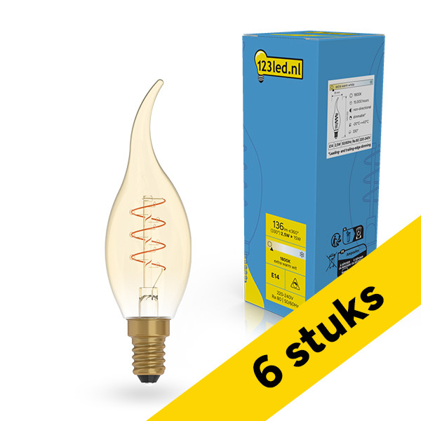 123led Aanbieding: 6x 123led LED lamp E14 | Sierkaars | Filament | Goud |1800K | Dimbaar | 2.5W (15W)  LDR02225 - 1