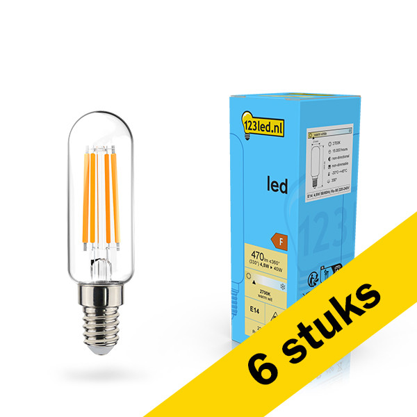 123led Aanbieding: 6x 123led LED lamp E14 | Buis T25 | Filament | Helder | 2700K | 470 lumen  LDR02127 - 1