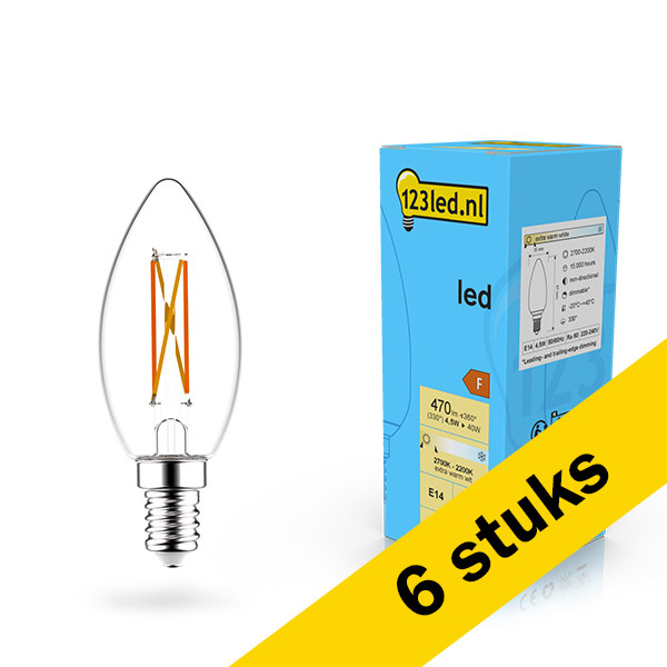 Aanbieding: 6x 123led LED lamp E14 | Kaars C35 | Dim to Warm | Filament | 2200-2700K | Dimbaar | 4.5W (40W) LDR02075 - 1
