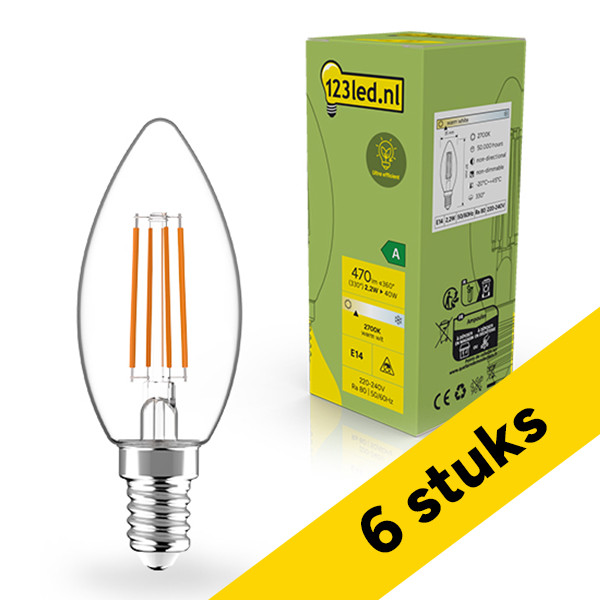 Aanbieding: 6x 123led LED lamp E14 | Kaars C35 | Ultra Efficient | Filament | Helder | 2700K | 2.2W (40W) LDR02393 - 1
