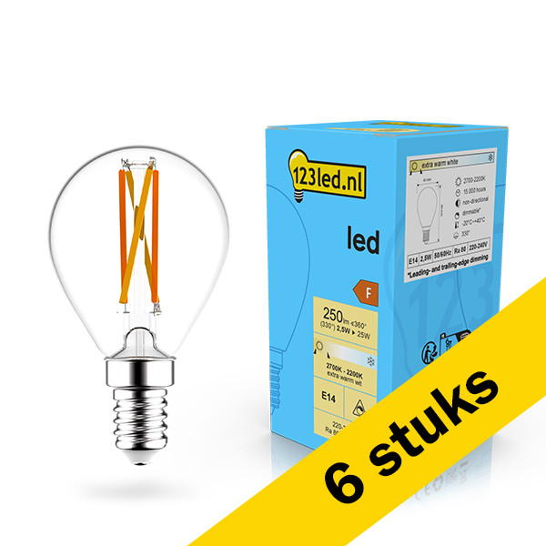 Aanbieding: 6x 123led LED lamp E14 | Kogel G45 | Dim to Warm | Filament | 2200-2700K | Dimbaar | 2.5W (25W) LDR02071 - 1