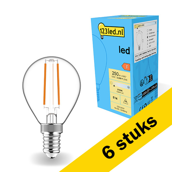 123led Aanbieding: 6x 123led LED lamp E14 | Kogel G45 | Filament | 2700K | Dimbaar | 2.5W (25W)  LDR01893 - 1