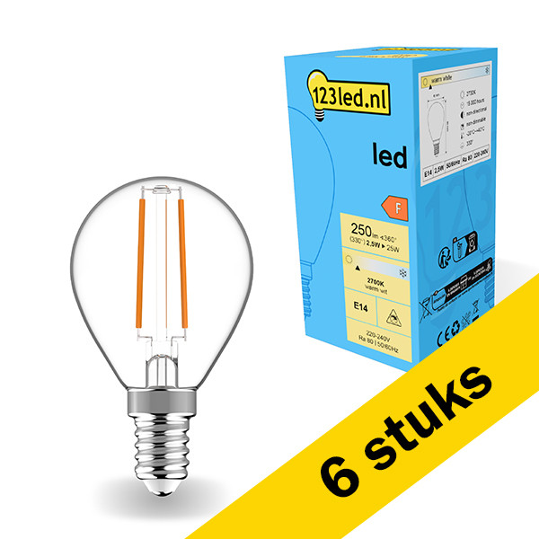 123led Aanbieding: 6x 123led LED lamp E14 | Kogel G45 | Filament | 2700K | 2.5W (25W)  LDR01885 - 1