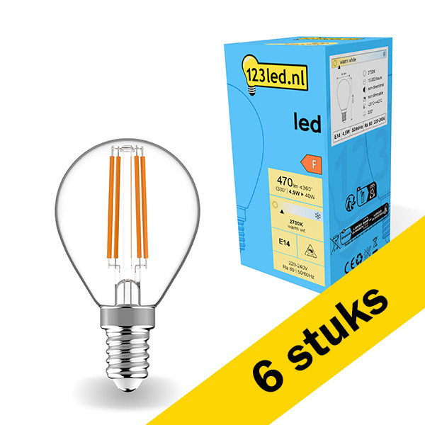 123led Aanbieding: 6x 123led LED lamp E14 | Kogel G45 | Filament | 2700K | 4.5W (40W)  LDR01887 - 1