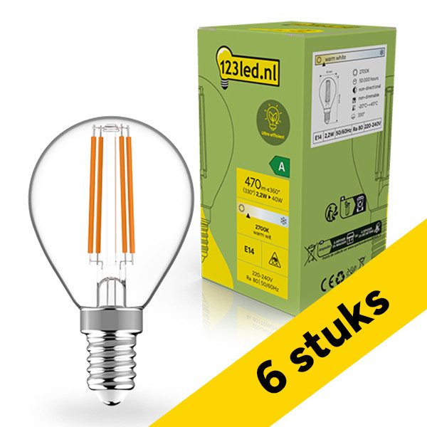 Aanbieding: 6x 123led LED lamp E14 | Kogel G45 | Ultra Efficient | Filament | Helder | 2700K | 2.2W (40W) LDR02395 - 1