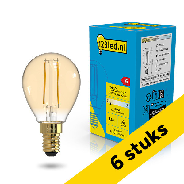 Aanbieding: 6x 123led LED lamp E14 | Kogel P45 | Filament | Goud | 2100K | Dimbaar | 3.5W (25W) LDR02655 - 1