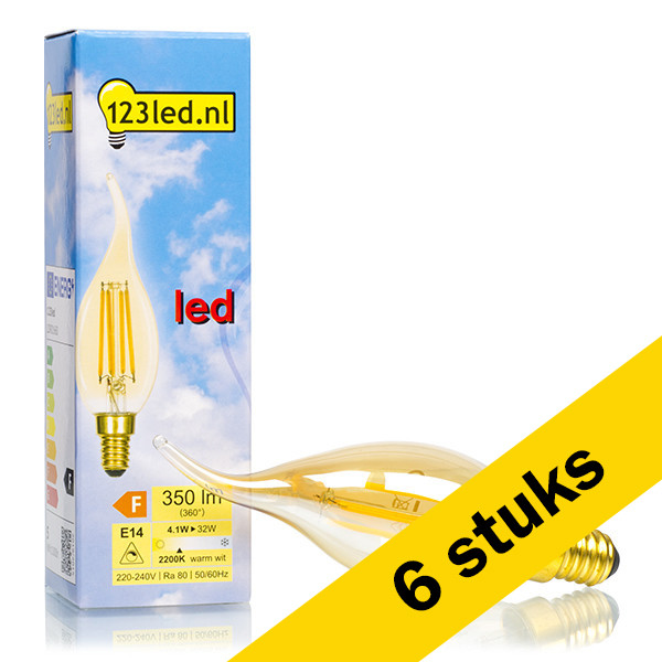 123led Aanbieding: 6x 123led LED lamp E14 | Sierkaars | Filament | Goud | 2200K | Dimbaar | 4.1W (32W)  LDR01661 - 1