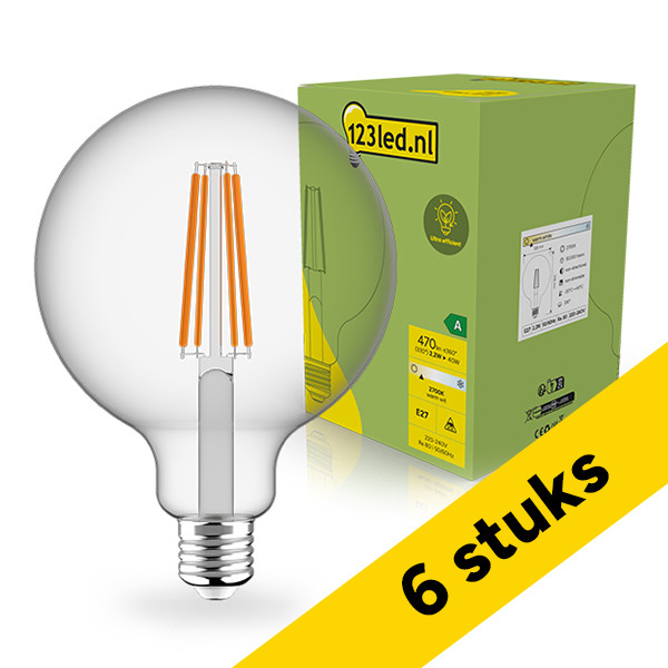 Aanbieding: 6x 123led LED lamp E27 | Globe G125 | Ultra Efficient | Filament | Helder | 2700K | 2.2W (40W) LDR02411 - 1