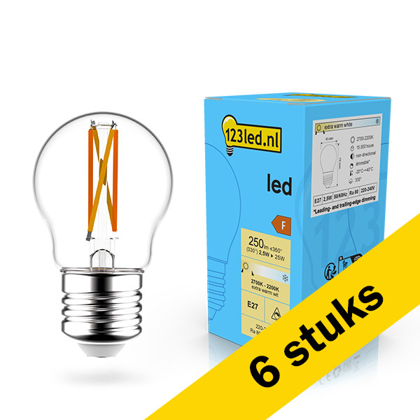 Aanbieding: 6x 123led LED lamp E27 | Kogel G45 | Dim to Warm | Filament | 2200-2700K | Dimbaar | 2.5W (25W) LDR02073 - 1