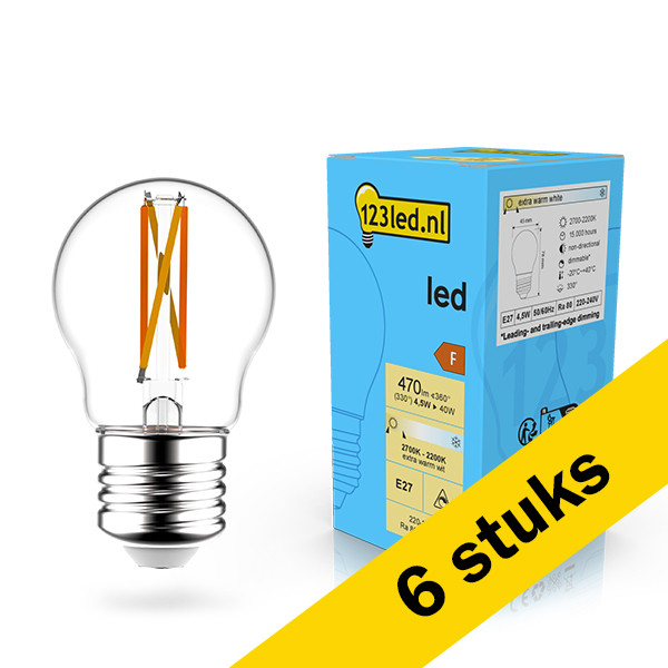 Aanbieding: 6x 123led LED lamp E27 | Kogel G45 | Dim to Warm | Filament | 2200-2700K | Dimbaar | 4.5W (40W) LDR02079 - 1