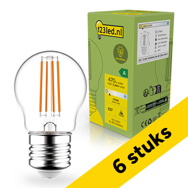 Aanbieding: 6x 123led LED lamp E27 | Kogel G45 | Ultra Efficient | Filament | Helder | 2700K | 2.2W (40W) LDR02397 - 1
