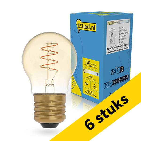 123led Aanbieding: 6x 123led LED lamp E27 | Kogel P45 | Filament | Goud | 1800K | Dimbaar | 2.5W (15W)  LDR02229 - 1
