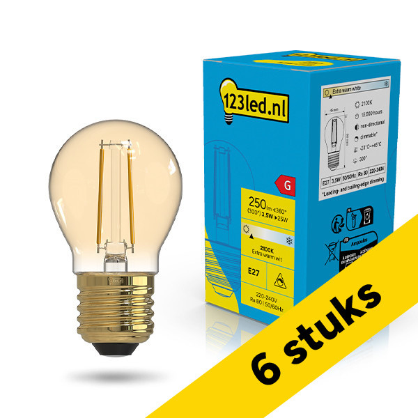 Aanbieding: 6x 123led LED lamp E27 | Kogel P45 | Filament | Goud | 2100K | Dimbaar | 3.5W (25W) LDR02653 - 1