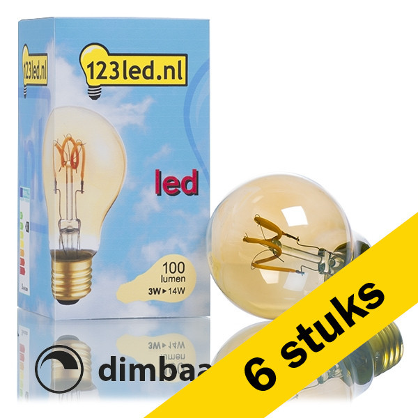 123led Aanbieding: 6x 123led LED lamp E27 | Peer A60 | Filament | Goud | 1800K | Dimbaar | 3W (14W)  LDR01196 - 1