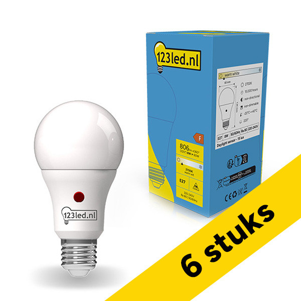 Aanbieding: 6x 123led LED lamp E27 | Peer A60 | Mat | Daglichtsensor | 2700K | 8W (60W) LDR01845 - 1