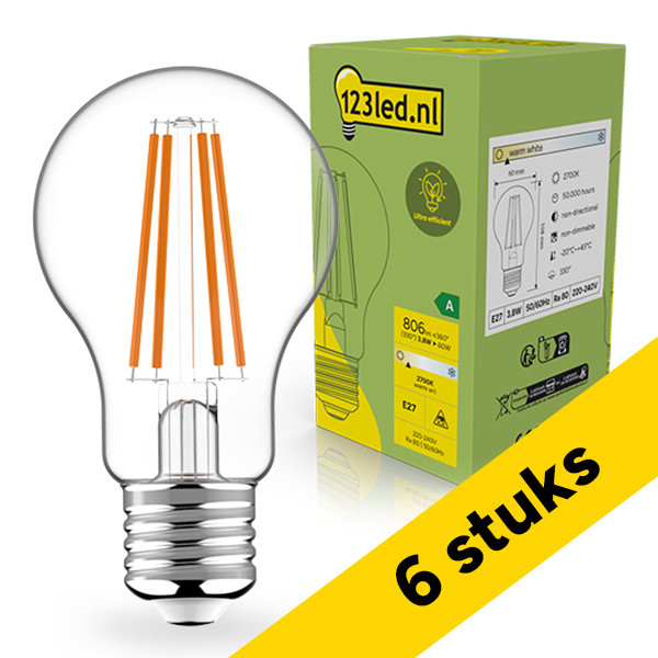 Aanbieding: 6x 123led LED lamp E27 | Peer A60 | Ultra Efficient | Filament | Helder | 2700K | 3.8W (60W) LDR02401 - 1
