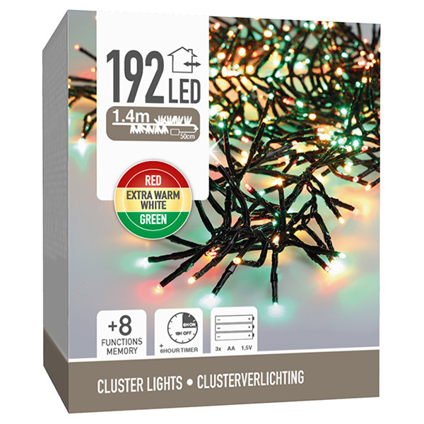 123led Clusterverlichting op batterijen 1.4 meter | Rood, Groen, Extra Warm Wit | 192 lampjes met timer  LKO00677 - 1