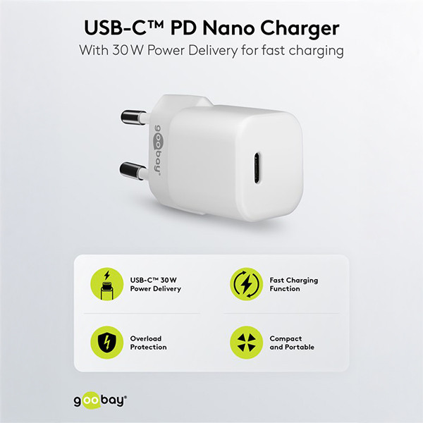 Goobay USB-C snellader Nano | 1 poort | 30W | GaN | Power Delivery | Wit LDR03646 - 2