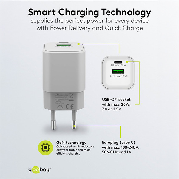 Goobay USB multipoort snellader | 2 poorten | USB-A & USB-C | 20W | GaN | Power Delivery | Wit LDR03648 - 4