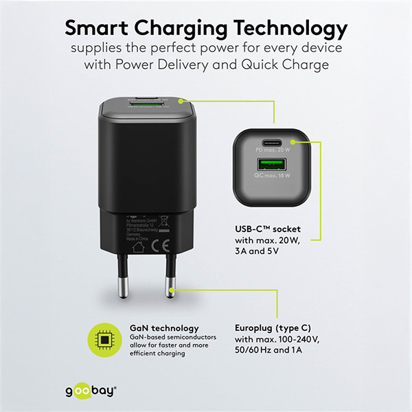 Goobay USB multipoort snellader | 2 poorten | USB-A & USB-C | 20W | GaN | Power Delivery | Zwart LDR03649 - 4