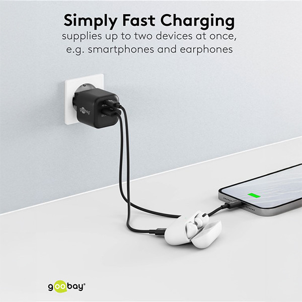Goobay USB multipoort snellader | 2 poorten | USB-A & USB-C | 20W | GaN | Power Delivery | Zwart LDR03649 - 5