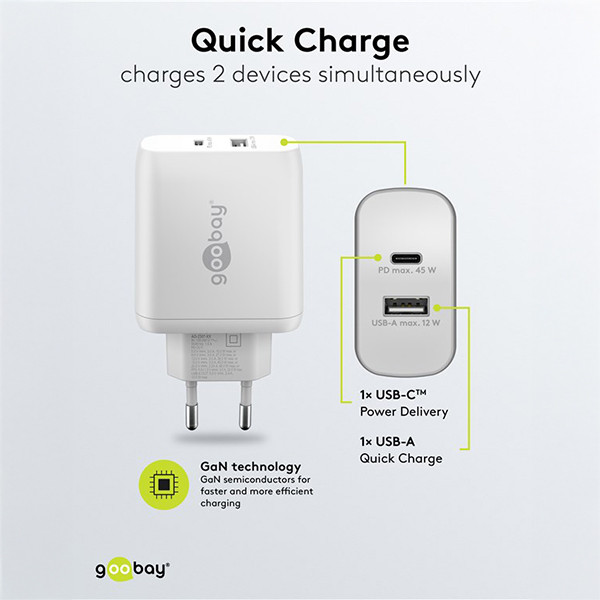 Goobay USB multipoort snellader | 2 poorten | USB-A & USB-C | 45W | GaN | Power Delivery | Wit LDR03642 - 4