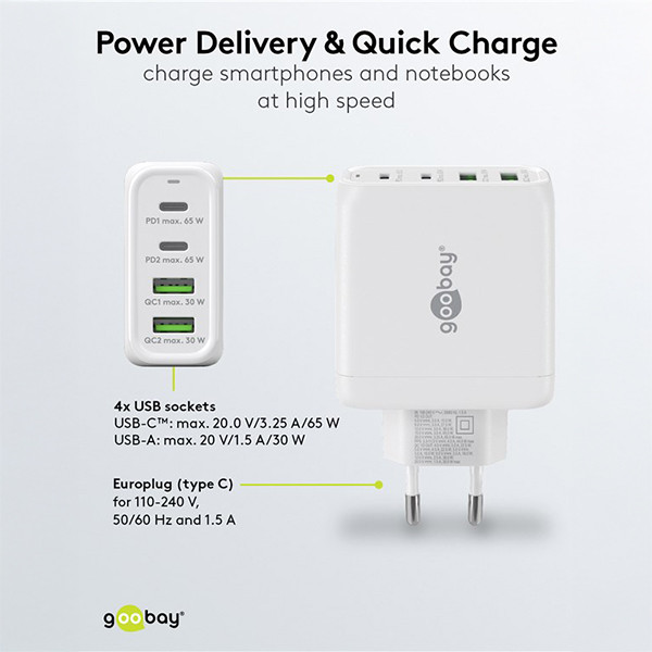 Goobay USB multipoort snellader | 4 poorten | USB-A & USB-C | 68W | GaN | Power Delivery | Wit LDR03640 - 5