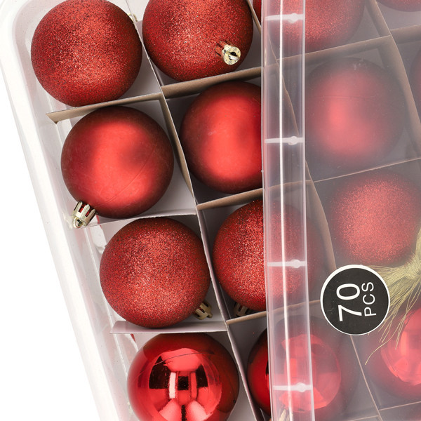 Kerstballenset inclusief opbergbox | Mat, glans & glitter | Rood | 70 stuks LKO00879 - 3
