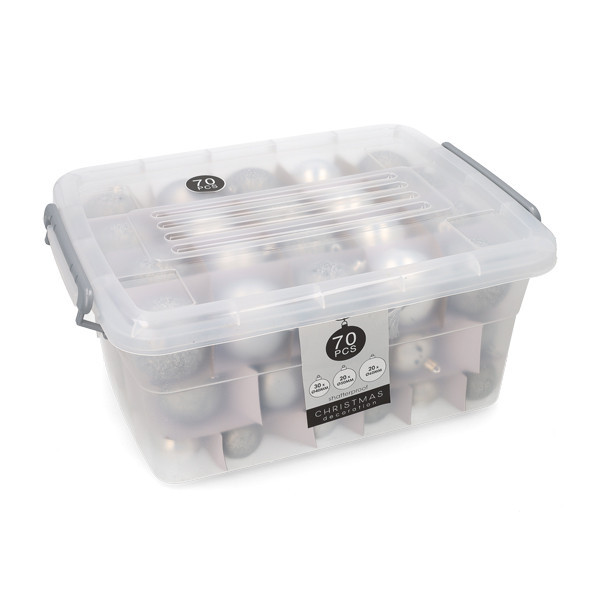 Kerstballenset inclusief opbergbox | Mat, glans & glitter | Zilver  | 70 stuks LKO00878 - 1