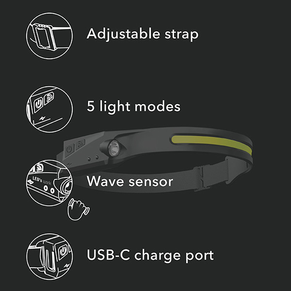 123led LED hoofdlamp oplaadbaar | COB | 300 lumen | IP44 | Zwart  LDR06725 - 6