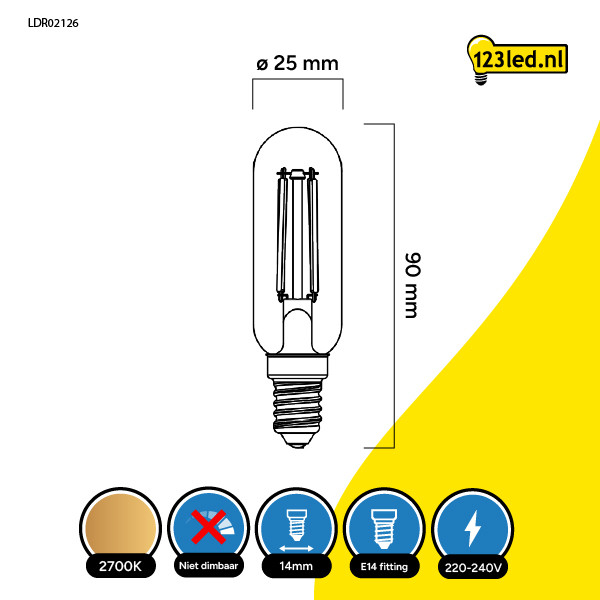 123led LED lamp E14 | Buis T25 | Filament | Helder | 2700K | 4.5W (40W)  LDR02126 - 2