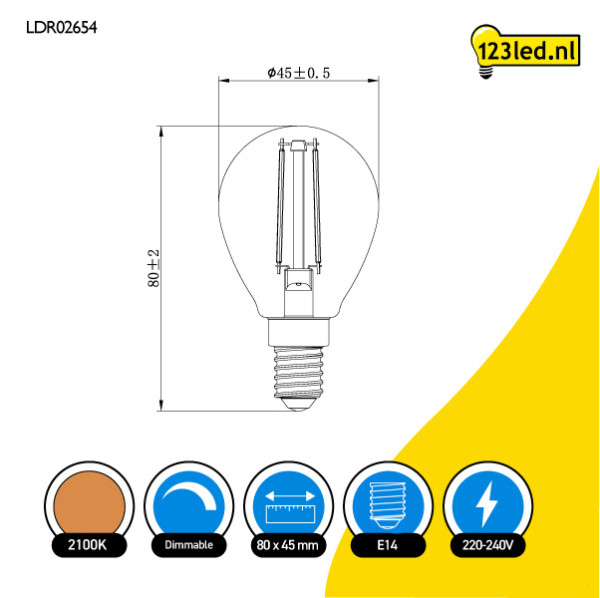 123led LED lamp E14 | Kogel P45 | Filament | Goud | 2100K | Dimbaar | 3.5W (25W) LDR02654 - 2