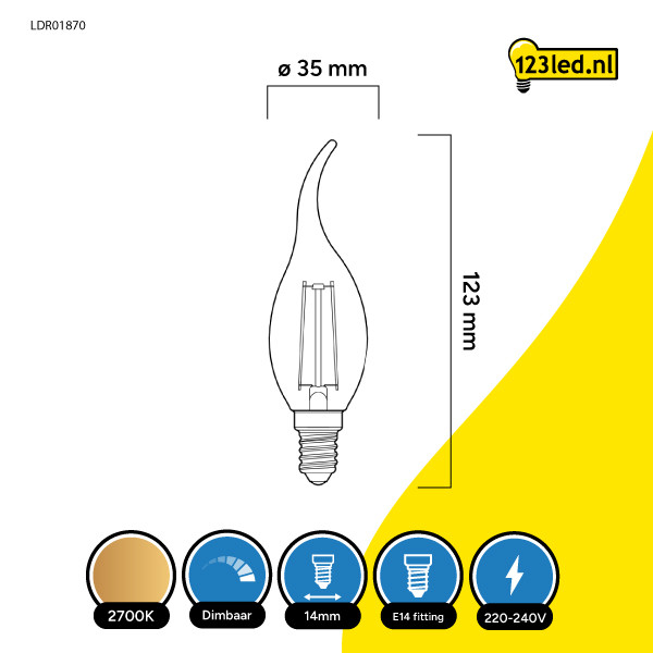 123led LED lamp E14 | Sierkaars C35 | Filament | Helder | 2700K | Dimbaar | 2.5W (25W) LDR01870 - 2
