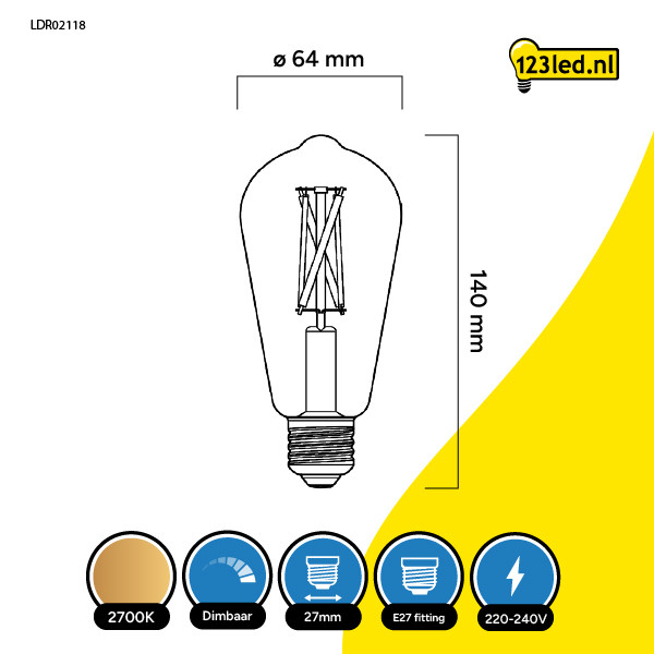 123led LED lamp E27 | Edison ST64 | Dim to Warm | Filament | 2200-2700K | Dimbaar | 7W (60W)  LDR02118 - 2