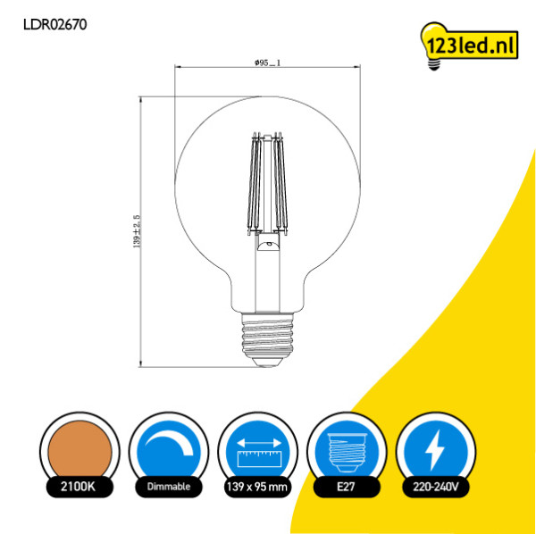 123led LED lamp E27 | Globe G95 | Filament | Goud | 2100K | Dimbaar | 4.5W (40W) LDR02670 - 2