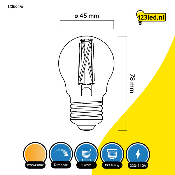 123led LED lamp E27 | Kogel G45 | Dim to Warm | Filament | 2200-2700K | Dimbaar | 4.5W (40W)  LDR02078 - 2