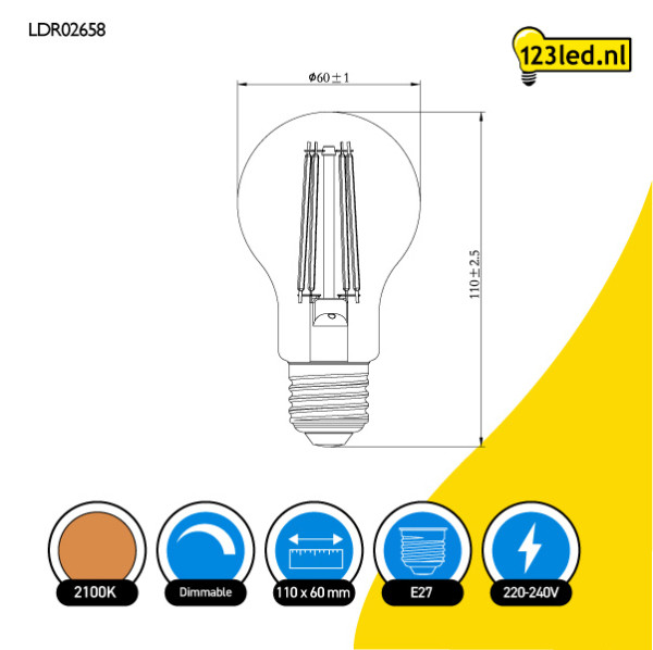 123led LED lamp E27 | Peer A60 | Filament | Goud | 2100K | Dimbaar | 7.5W (60W) LDR02658 - 2