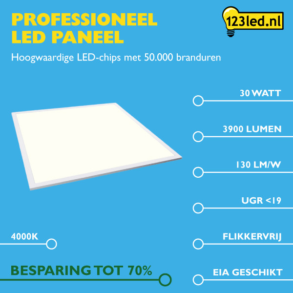 123led LED paneel 60x60 cm | 4000K (840) | 3900 lumen | UGR19 | 30W LDR08666 - 2