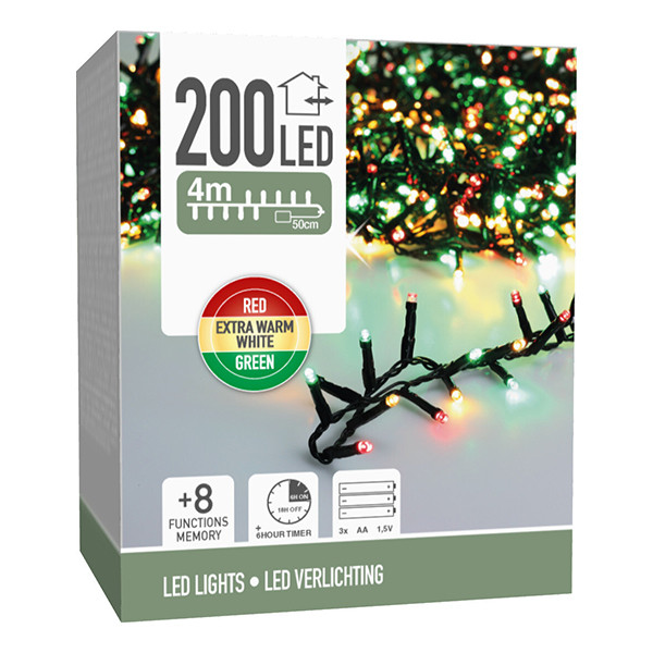 Micro clusterverlichting op batterijen 4,5 meter | rood, groen & extra warm wit | 200 lampjes LKO00864 - 1