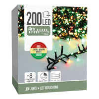 Micro clusterverlichting op batterijen 4,5 meter | rood, groen & extra warm wit | 200 lampjes LKO00864
