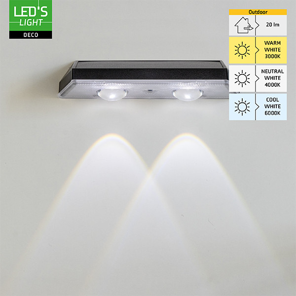 Solar wandlamp met sensor | 3000K-4000K-6500K | IP44 | Zwart | 2 stuks LDR06843 - 2