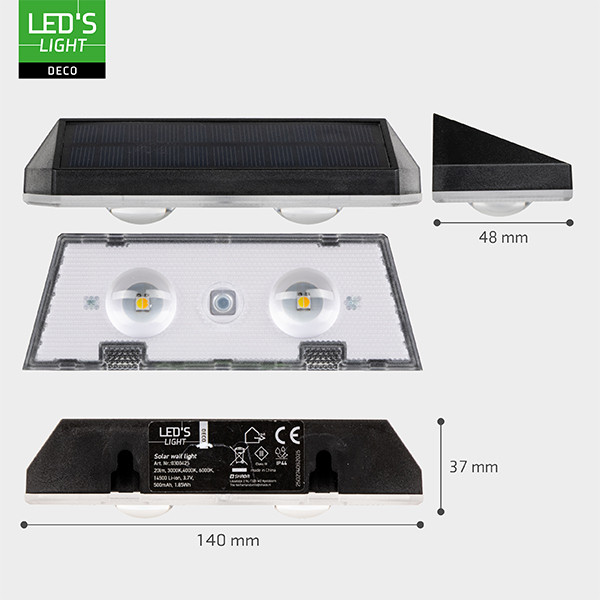Solar wandlamp met sensor | 3000K-4000K-6500K | IP44 | Zwart | 2 stuks LDR06843 - 7