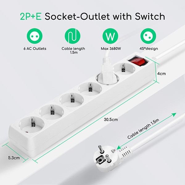 123led Stekkerdoos 6-voudig met schakelaar | 1.5 meter | Wit  LDR06452 - 3