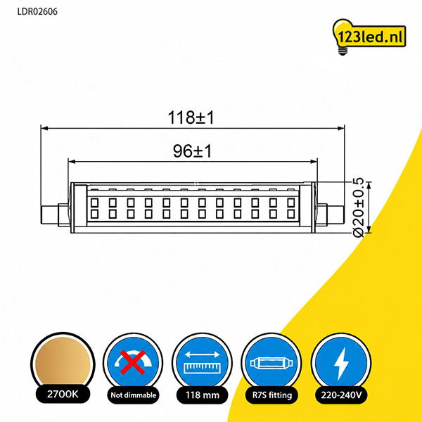 123led led lamp R7s | Staaflamp | SMD | 118mm | 2700K | 12W (100W) LDR02606 - 2