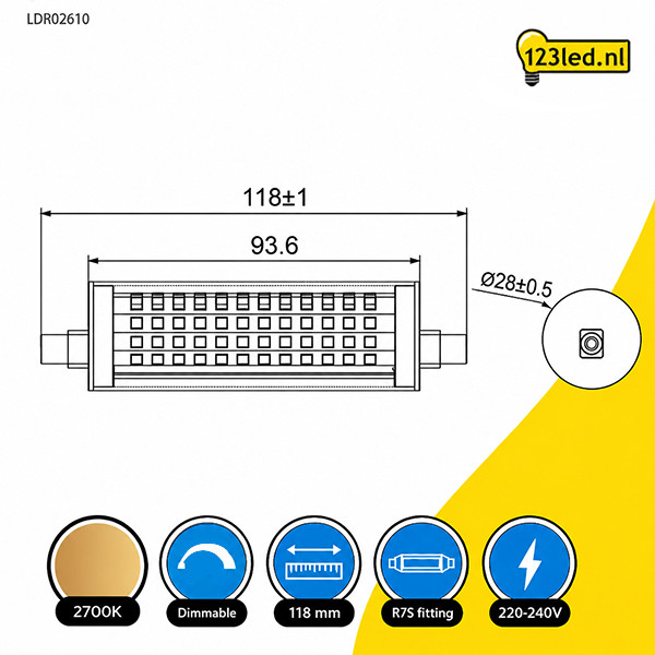 123led led lamp R7s | Staaflamp | SMD | 118mm | 2700K | Dimbaar | 15W (125W) LDR02610 - 2