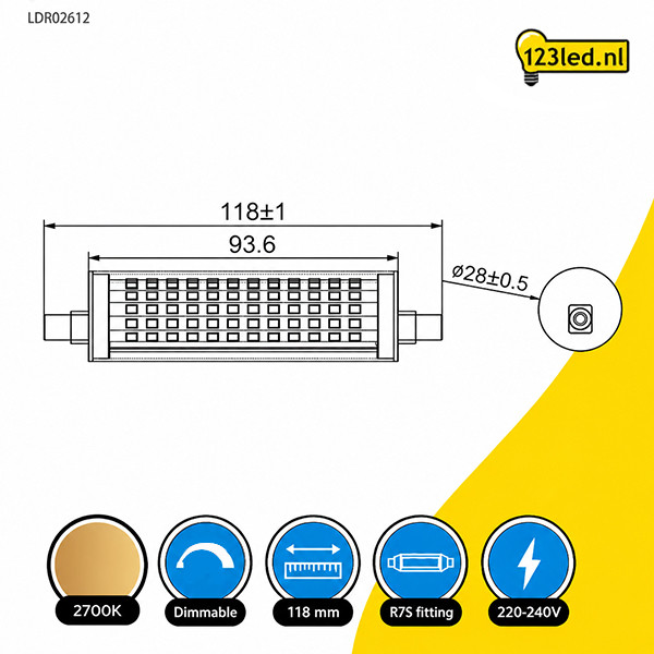 123led led lamp R7s | Staaflamp | SMD | 118mm | 2700K | Dimbaar | 18,2W (150W) LDR02612 - 2