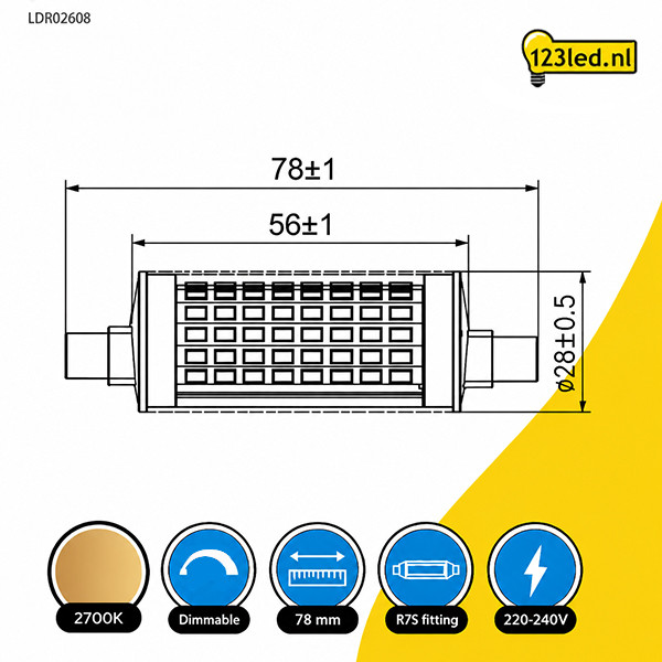 123led led lamp R7s | Staaflamp | SMD | 78mm | 2700K | Dimbaar | 11.5W (100W) LDR02608 - 2