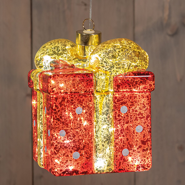 Kersthanger op batterijen | Cadeautje | 10,5 x 13,3 cm | 2x AAA | Rood/Goud LCO00705 - 1